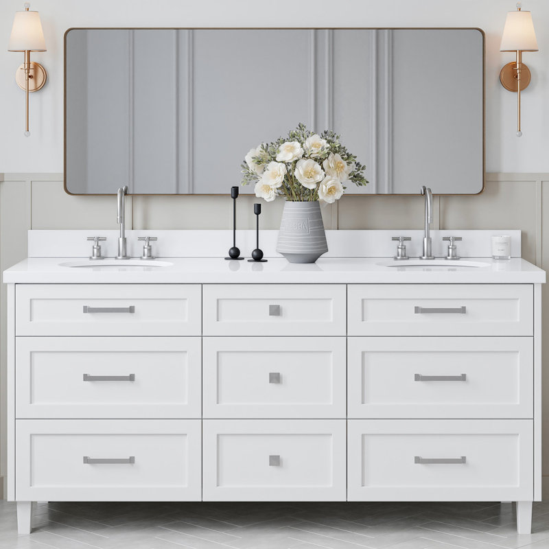 Meuble-lavabo double avec comptoir ARIEL, Blanc, 60" - 61", Quartz blanc pur