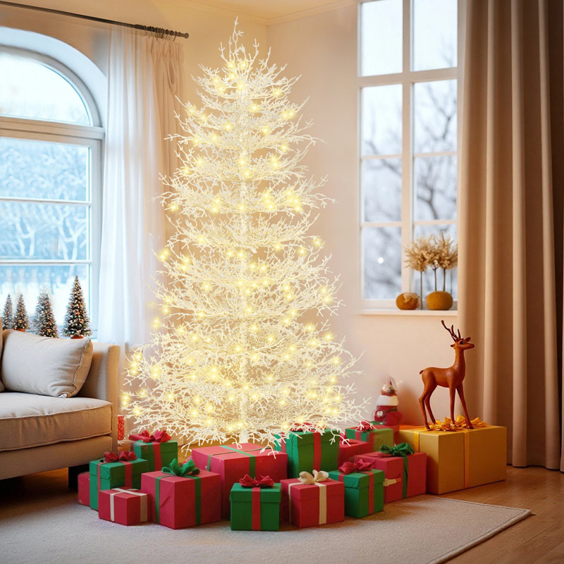 Arbre de Noël artificiel en forme de corail pré-éclairé avec branches en métal blanc, 6'