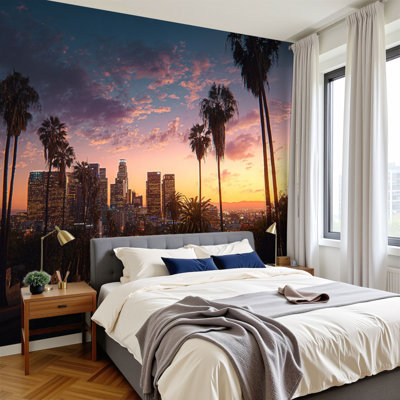 Peel and Stick Wallpaper Los Angeles cityscape dusk skyline downtown Wall Murals 100"H x 144"W Removable PVC Wall Paper Self-Adhesive Wall Paintings Art Decor for Bedroom Living Room
