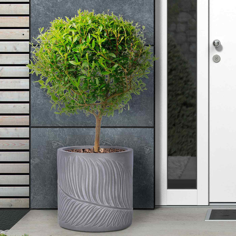 Leaf Embossed Concrete Effect Cylinder Round Planter, Frostproof Outdoor Plant Pot, Brown Round Garden Planter with Drainage Holes
