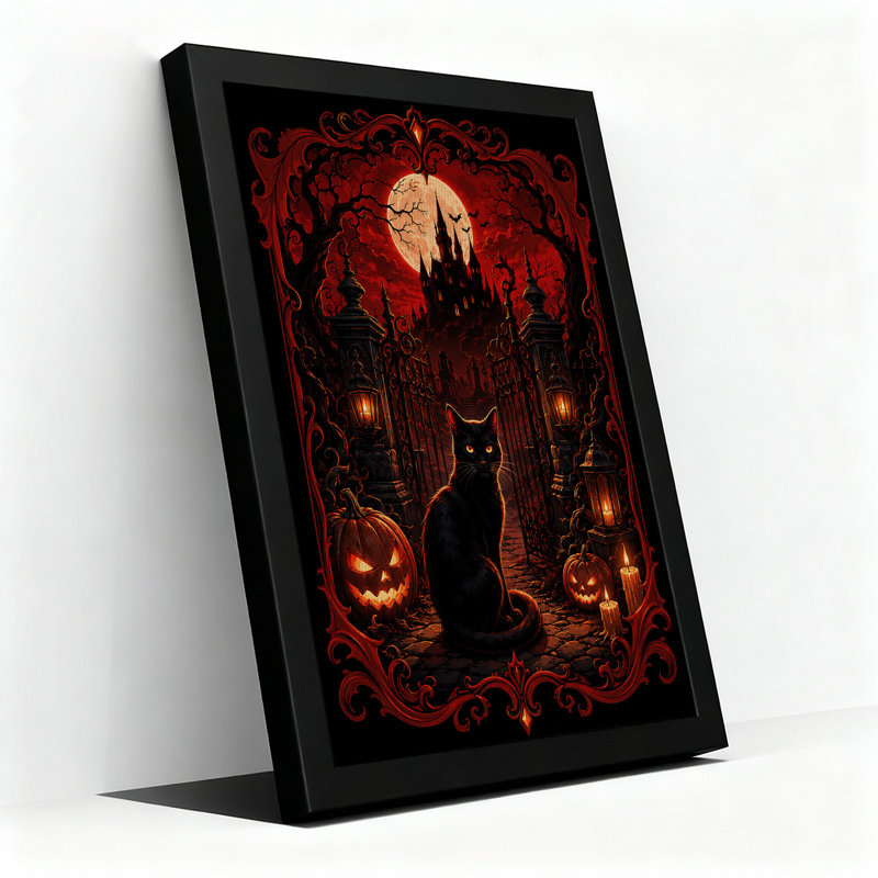 Art mural sur toile, "Chat noir au château hanté sous la lune rouge", H 30 po x l 20 po