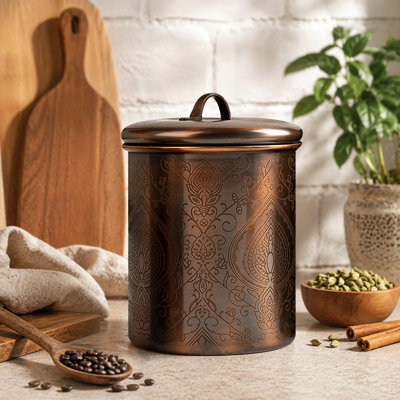 Pot en acier inoxydable gravé avec couvercle en caoutchouc | Finition cuivre antique | Magnifique contenant de rangement des aliments pour comptoir de cuisine, thé, sucre, café, chariot, boîte à farine