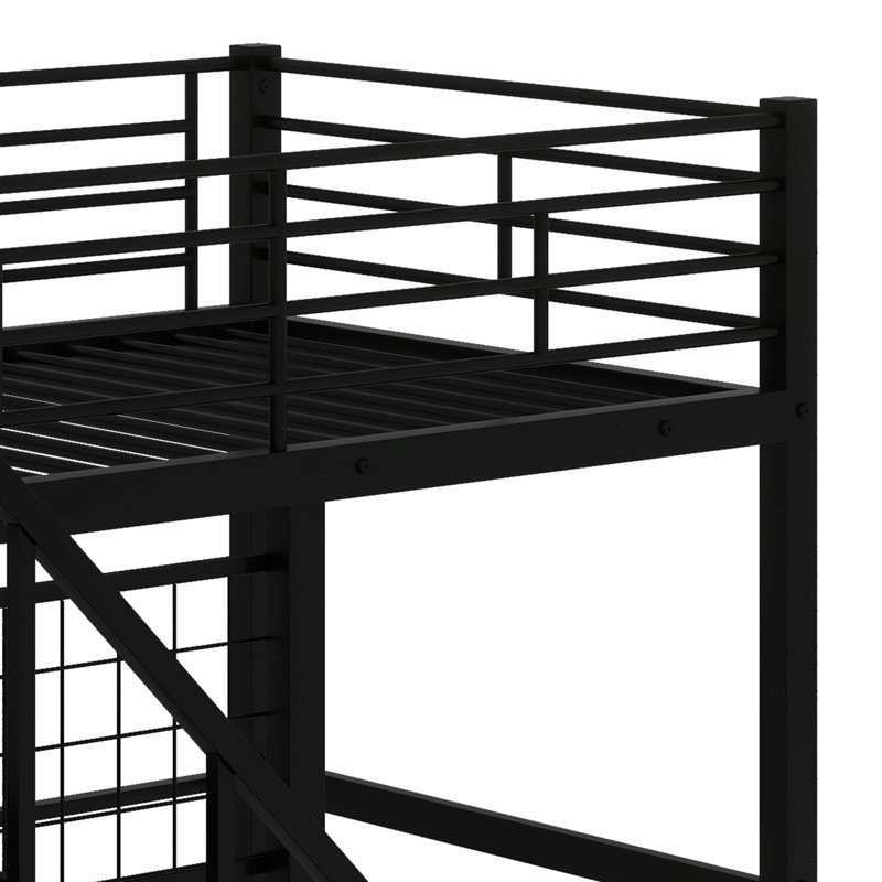 Twin Size Metal Loft Bed With Storage Staircase, Wardrobe And Full-Length Guardrails, Black