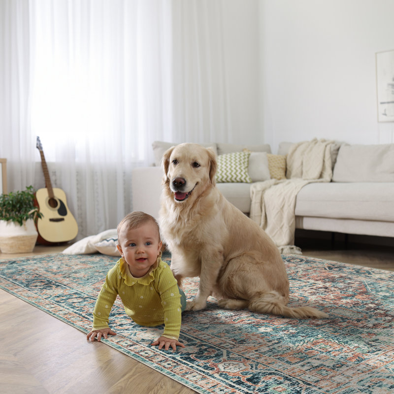Washable Non-Slip Area Rug - Blue Green / Tangerine Traditional Oriental Area Rug, Rectangle 8' x 10'