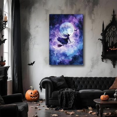 Art mural sur toile 24 "x 36" Witch On Broom Flying