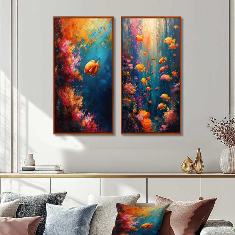 Bleu, orange, corail, poisson marin, vie I - ensemble d'art mural 2 pièces corail, H 28 po x l 24 po, Impression encadrée