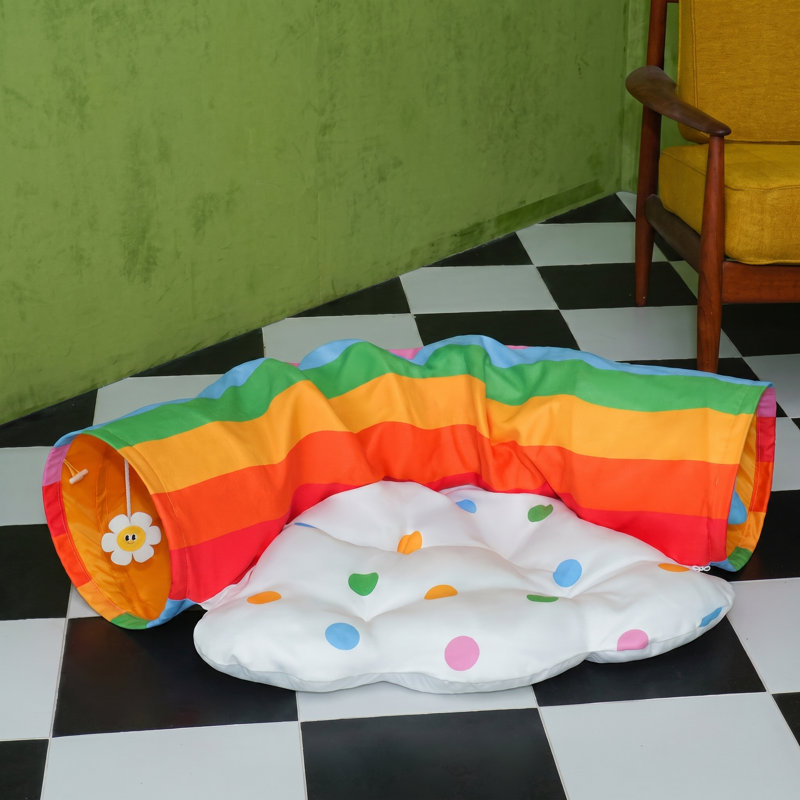 Tunnel de jeu pliable 2 en 1 pour chat arc-en-ciel avec coussin nuage, herbe à chat, papier froissé et balles suspendues