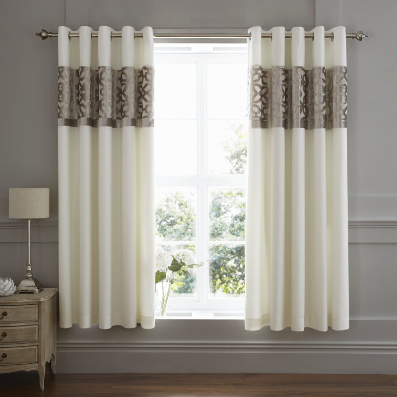 Lattice Cut Velvet Lined Eyelet Curtains Two Panels, Natural