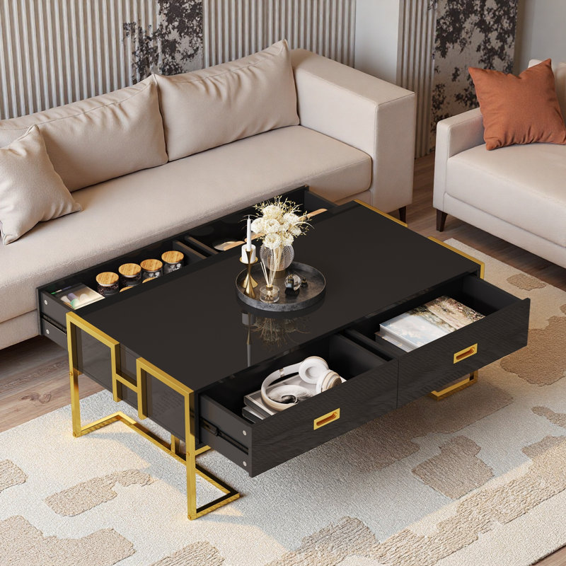 Table basse moderne moderne avec 4 tiroirs et base dorée, Noir