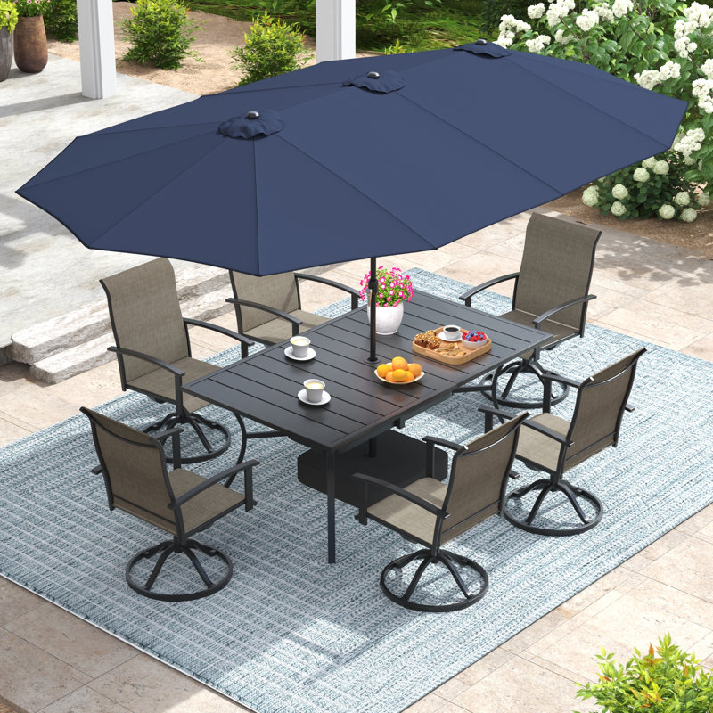 6-Person Rectangular Patio Dining Set With Umbrella & Textilene Swivel Chairs, Brown/Blue
