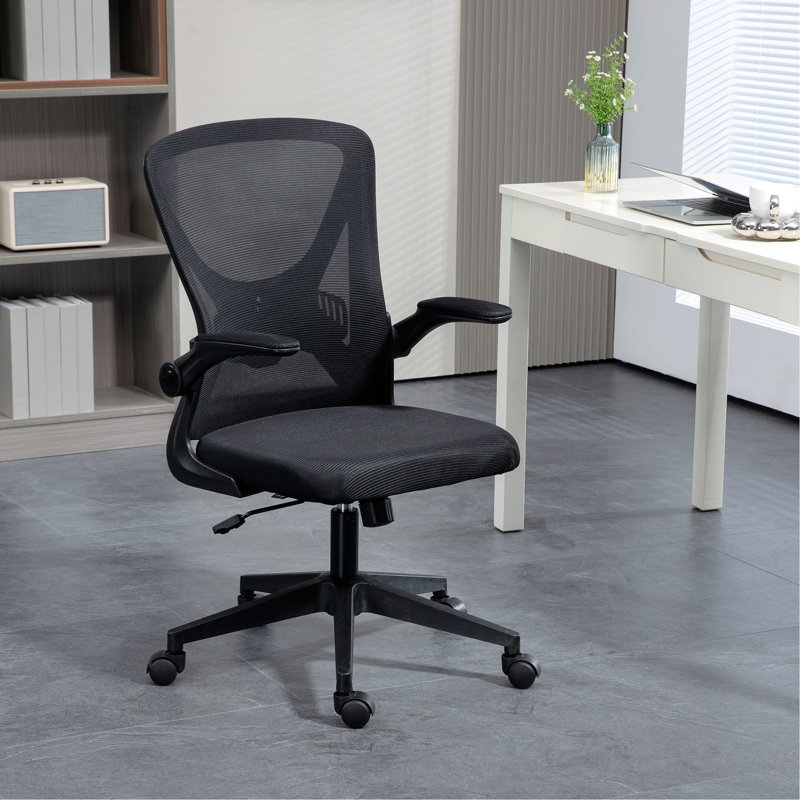 Chaise de bureau en filet à dossier moyen Vinsetto, chaise ergonomique pour ordinateur avec support lombaire, hauteur réglable et accoudoirs rabattables, noir