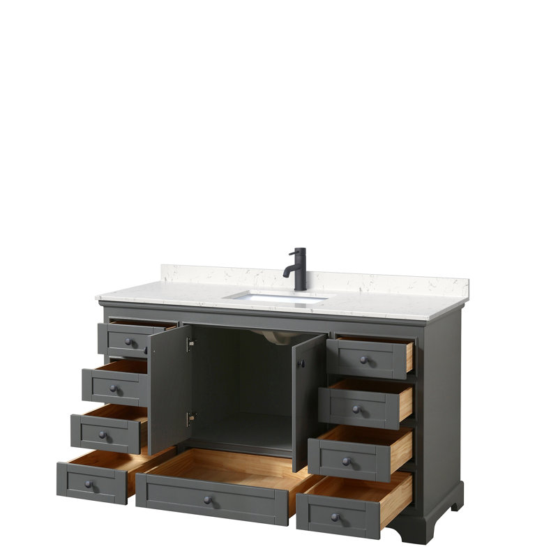 Deborah 60'' Single Bathroom Vanity with Marble Top, Carrara Cultured Marble, Dark Gray/Matte Black