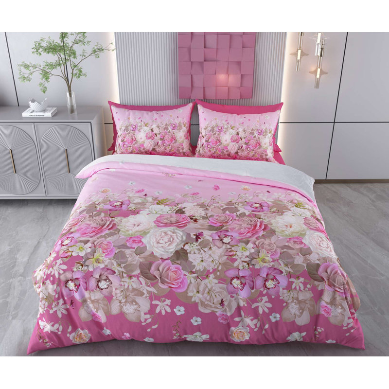 Ensemble de housse de couette, Rose / blanc / brun floral, Housse de couette pour très grand lit et 2 taies 