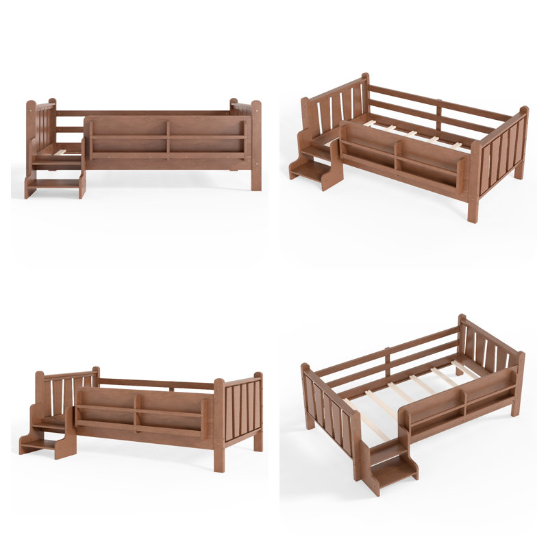 Lit en bois massif pour enfants avec bibliothèques de rangement et escaliers amusants - lit simple pour dormir en toute sécurité, sans sommier