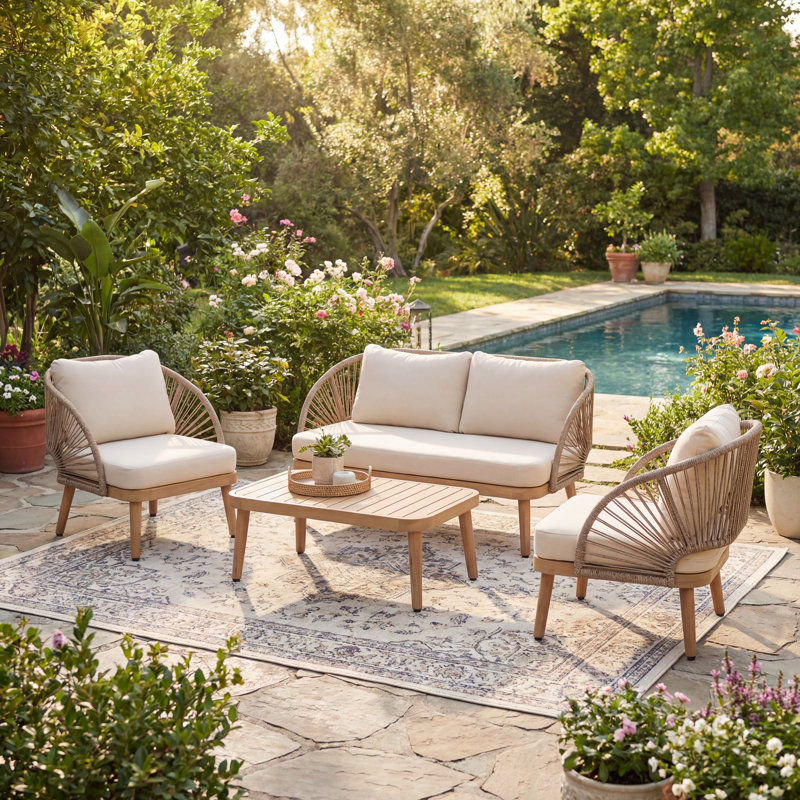 Harper Outdoor 4-Piece Acacia Wood Conversation Set With Cushions & Slatted Top