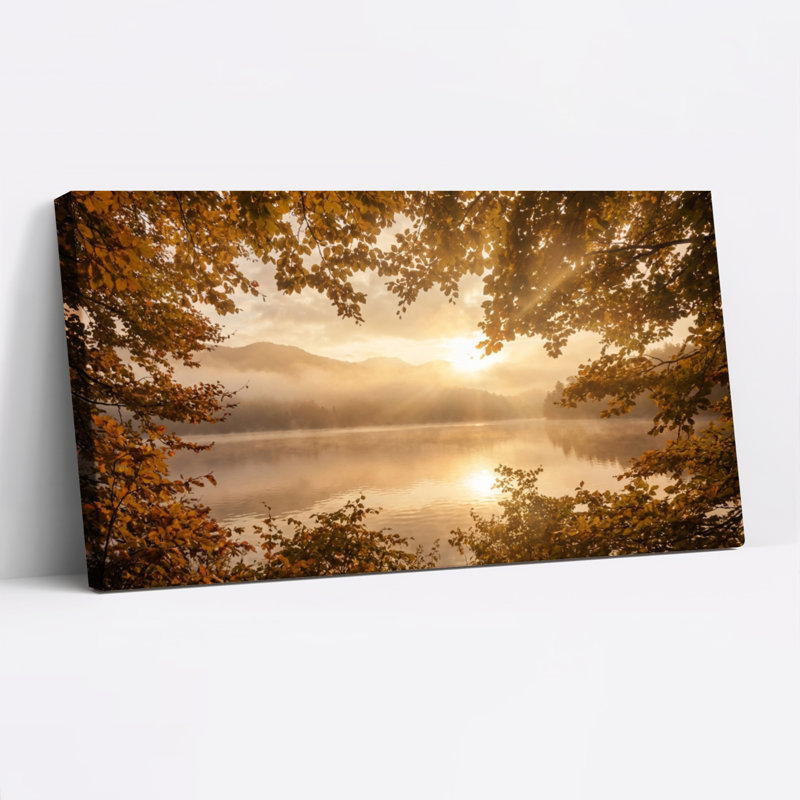 Ensemble de 1 tableau sur toile tendue représentant un paysage de coucher de soleil sur un lac d'automne, H 24 po x l 48 po