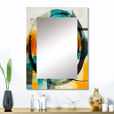 «Orange Abstracted Geometric Explorations V» - grand miroir géométrique, miroir mural décoratif moderne, impression d'art en métal
