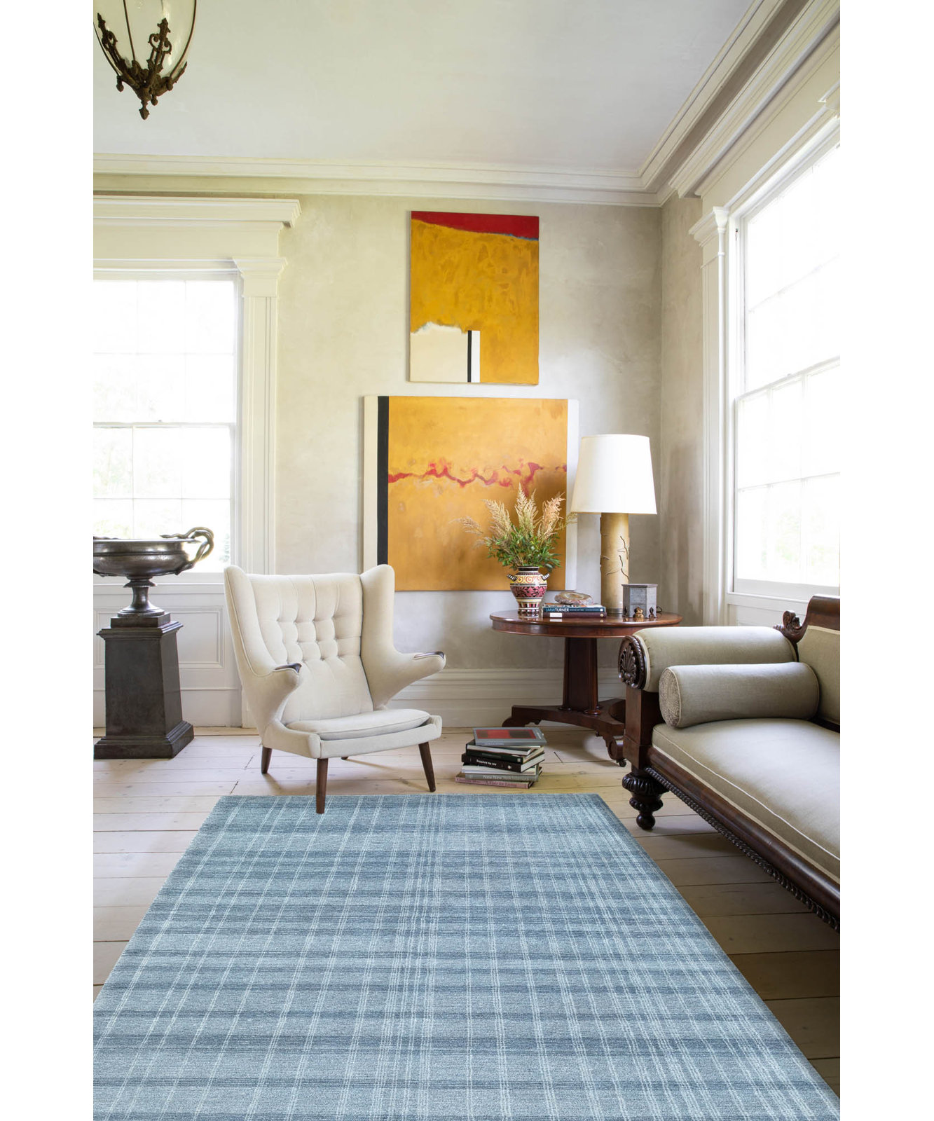 Sanura Plaid Hand Tufted Wool Area Rug in Blue, Runner 2'6" x 8'