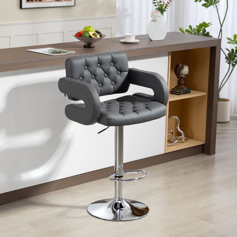 Upholstered Adjustable Height Counter Stool with Metal Frame, Grey