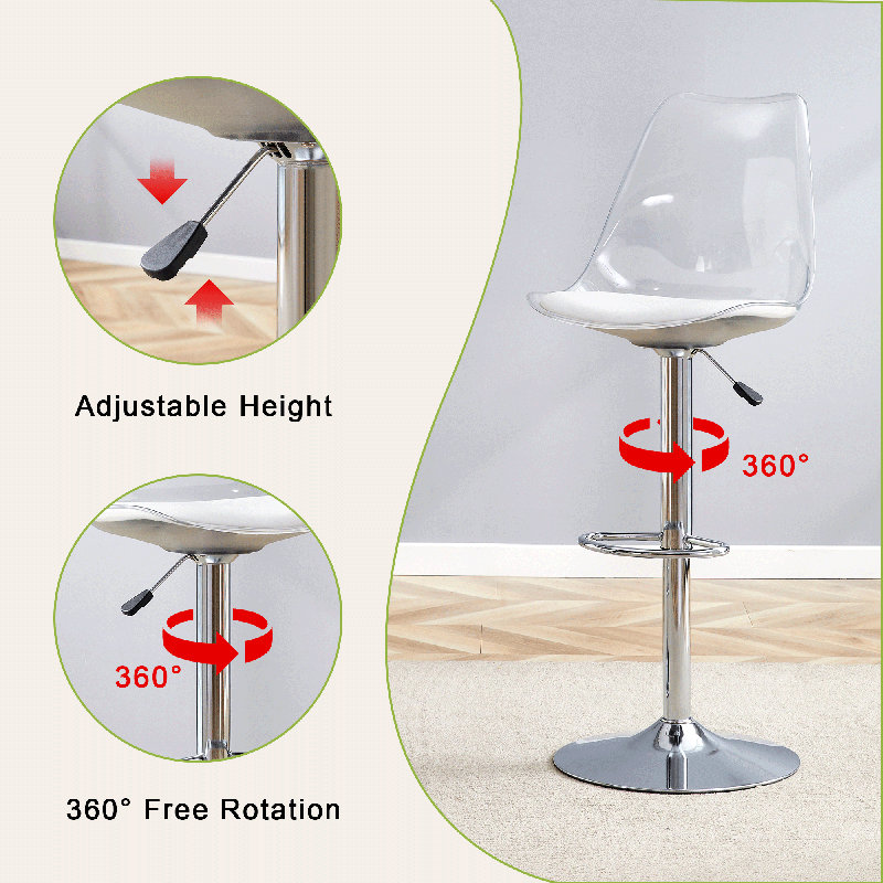 2-Piece Modern Acrylic Swivel Adjustable Counter Stools with Footrest, Silver