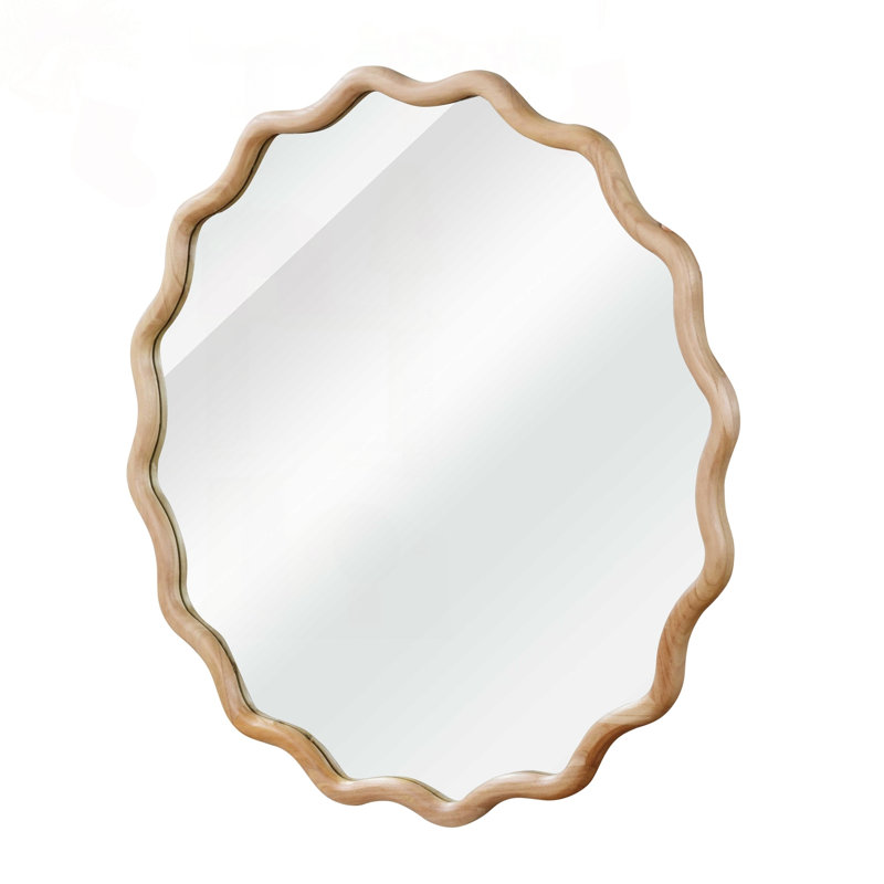24 Inch Wavy Round Solid Wood Frame Mirror, Natural Wood
