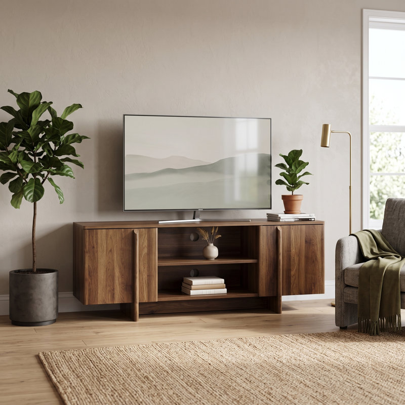 Meuble télé en bois de 55 pouces avec portes, étagères ouvertes et système de gestion des câbles