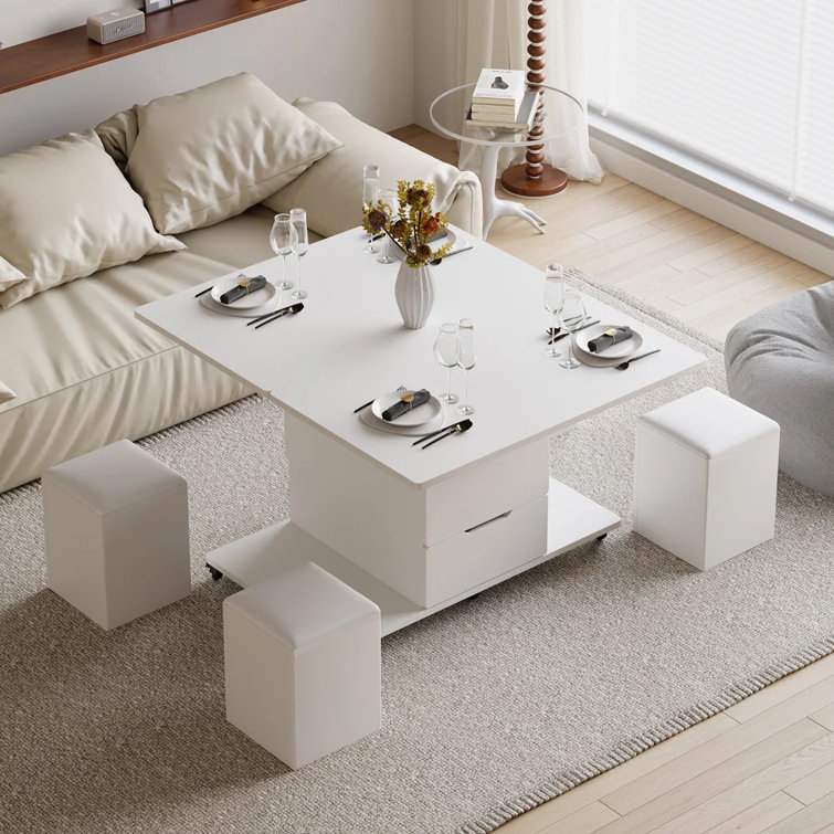 Modern White Lift Top Coffee Table 4 in 1 with Storage Ottoman Foldable and Casters