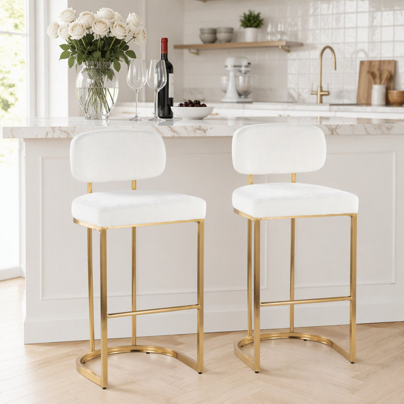 Tabouret de bar à hauteur fixe en métal doré et tissu crème - Ensemble de 2