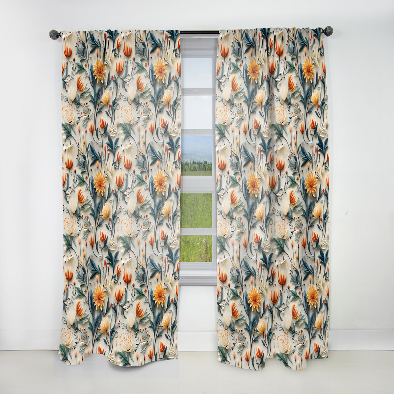 Rideau bohémien zen orange et vert avec fleurs tranquilles - 1 panneau de velours obscurcissant, L 52 po x L 108 po