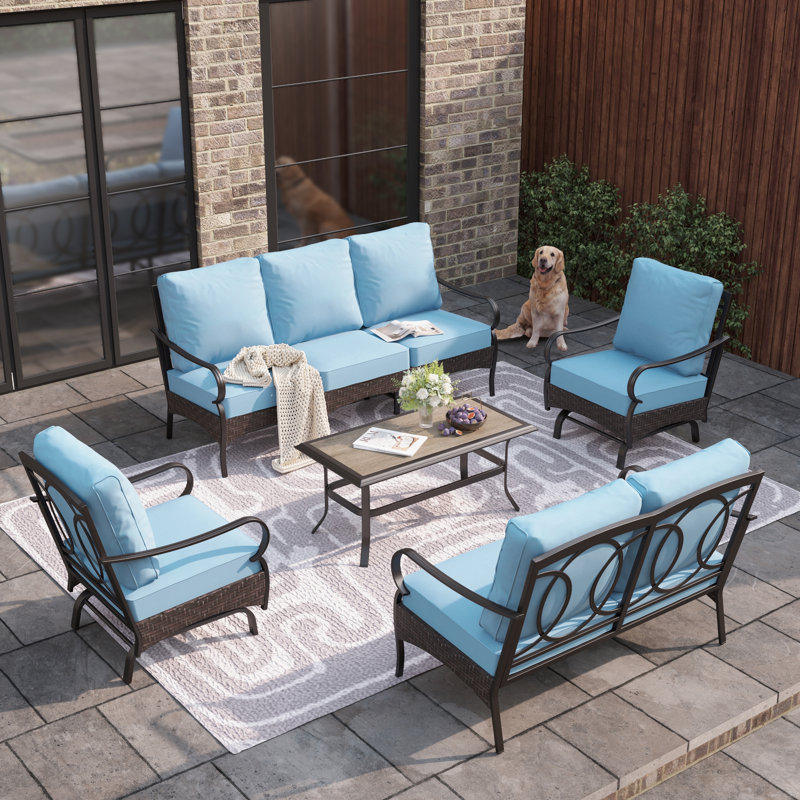 Ensemble de conversation d'extérieur à bascule 9 personnes avec causeuse et chaises berçantes Salem, Non, Bleu