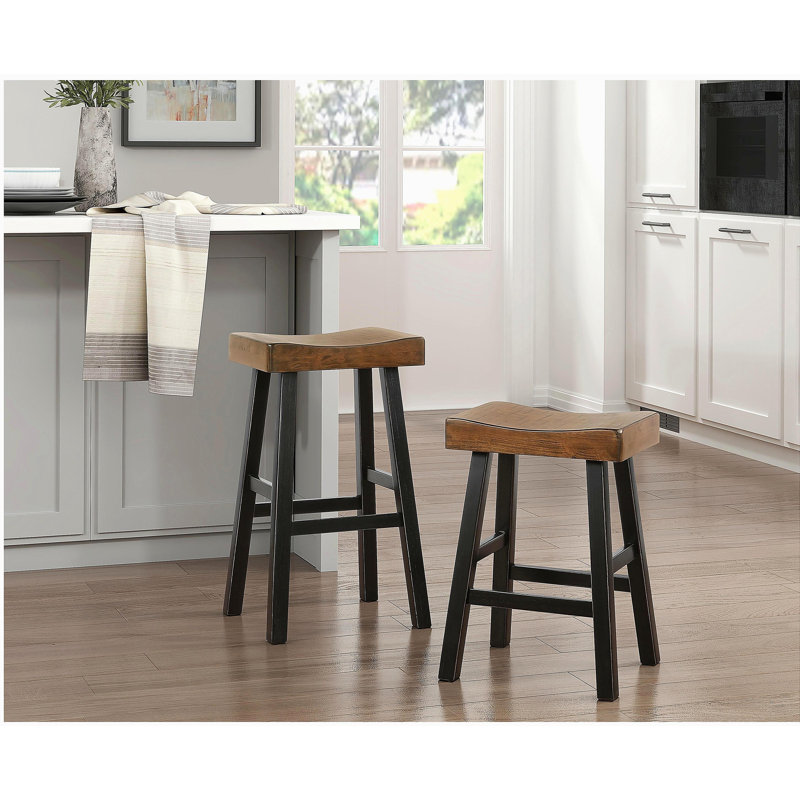 Ensemble de 2 tabourets de bar au design transitionnel, meubles en bois d'hévéa massif noir et brun, Brun, Noir