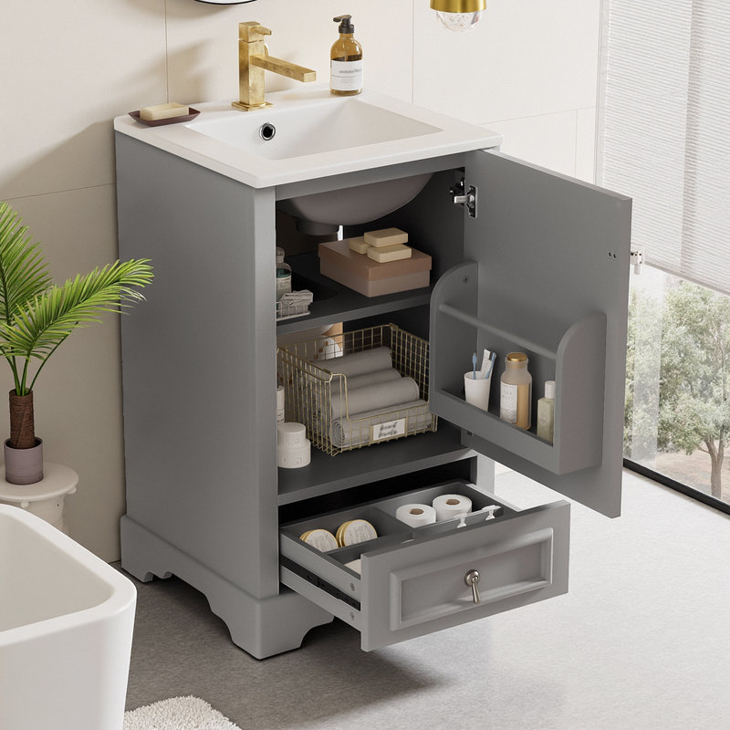 Meuble-lavabo compact 20 po avec rangement intelligent, Gris