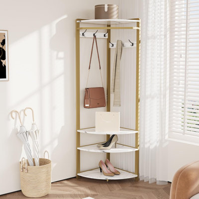 Corner Coat Rack with Shoe Bench, Entryway and 6 Double Hooks, Corner Hall Tree Clothes Rack with Storage, Shoe Bench Shelf for Entryway, Hallway, Clo by Rebrilliant