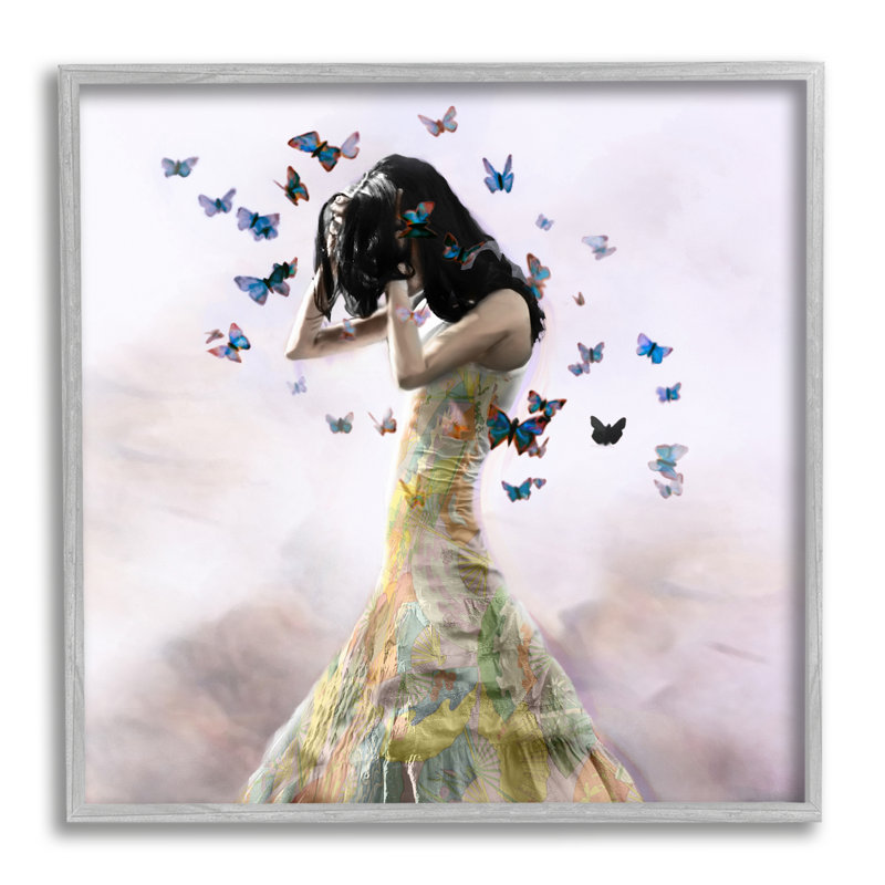 Ethereal Woman in Yellow Gown with Flying Blue Butterflies Canvas Art