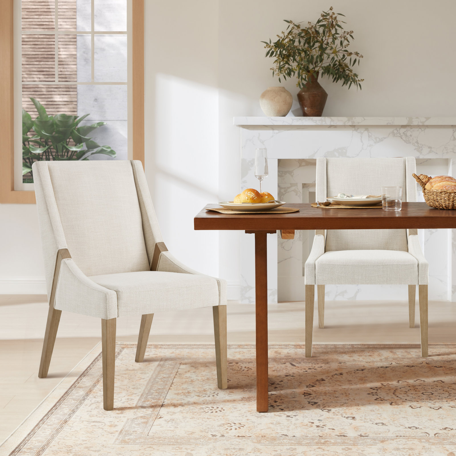 Annie Linen Dining Armchair, Natural Wood, Effie Linen Performance Linen