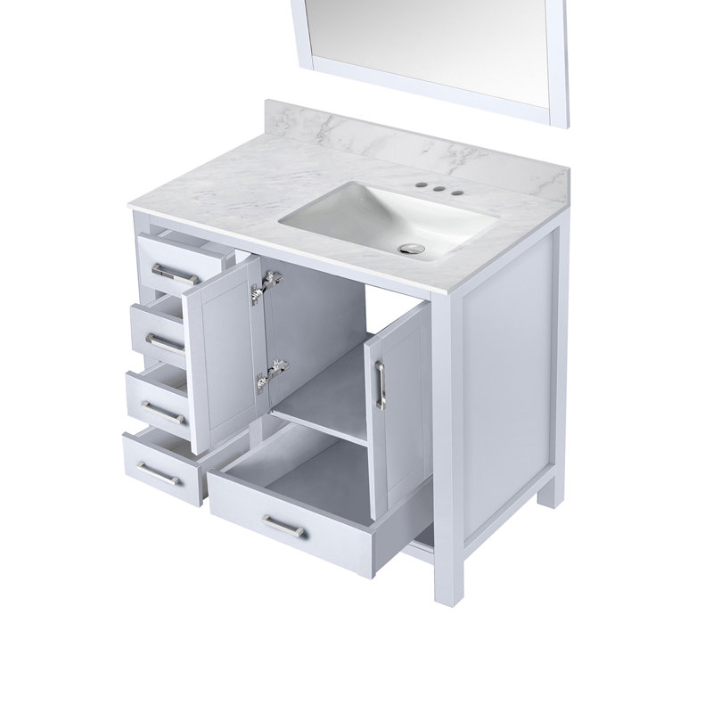 Meuble-lavabo blanc l 36 po x P 22 po, comptoir en marbre de Carrare décalé à droite et miroirs de 34 po, Blanc
