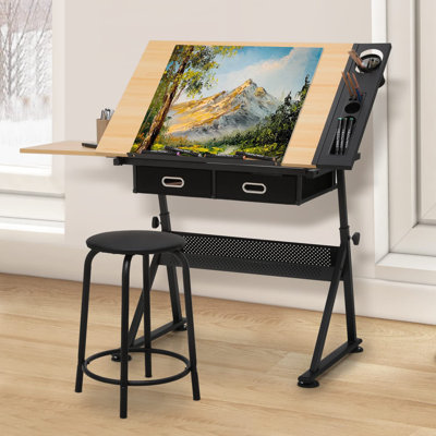 Craft and Drawing Table Workstation with Stool, Drafting Table with Slide-Out Tabletop and Drawers