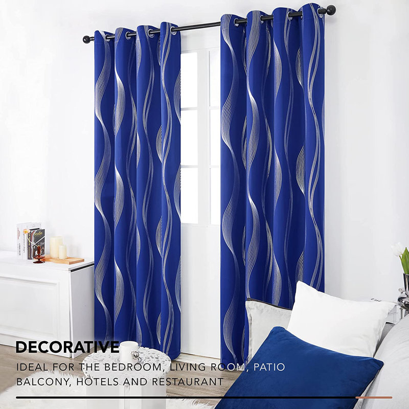 Prewett Super Soft Eyelet Room Darkening Thermal Curtains, Blue Wave Line, Width 168 x Drop 229cm