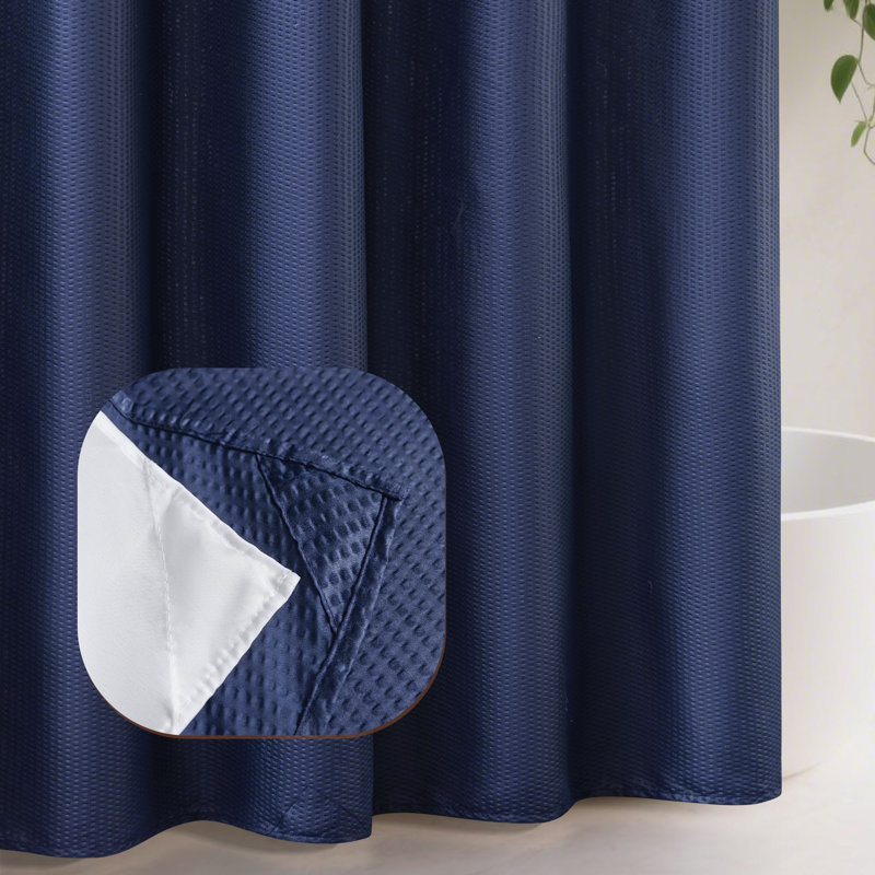 No Hook Embossed Shower Curtain With Snap-In Liner, Navy