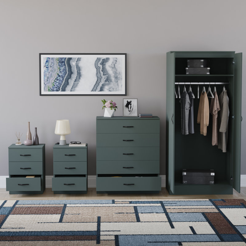 Tayce 4 Piece Bedroom Set (3 Drawer Bedside Cabinet X2, 5 Drawer Chest, 2 Door Wardrobe), Green