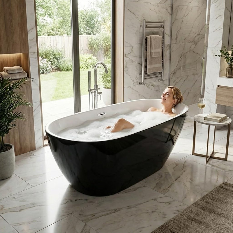 Deep Freestanding Acrylic Bathtub with Chrome Drain, Ergonomic Shape Tub for Bathroom