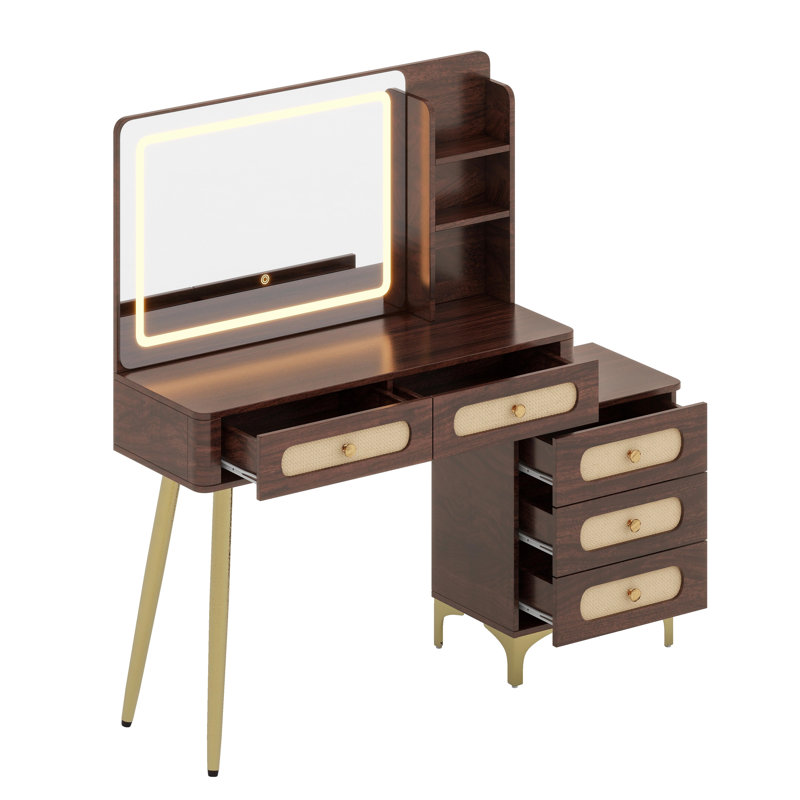 Coiffeuse de maquillage de style rétro avec miroir et lumières, coiffeuse avec tiroirs et tablette de rangement, réglages de luminosité réglables