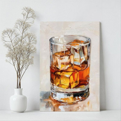 1Pc Framed Canvas Poster Print Whiskey Glass, Ice Cubes and Amber Liquid, Impressionist Oil Painting Style Wall Art Decor, Perfect for Room Decor Living Room Bedroom Office Kitchen Bathroom Home Decor, Ideal Home Wall Decoration Gift