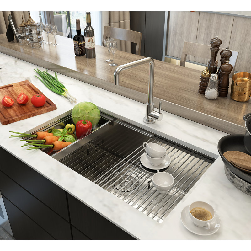 Évier de cuisine à simple cuve en acier inoxydable encastré avec robinet de cuisine L 32 po x l 19 po, Nickel brossé