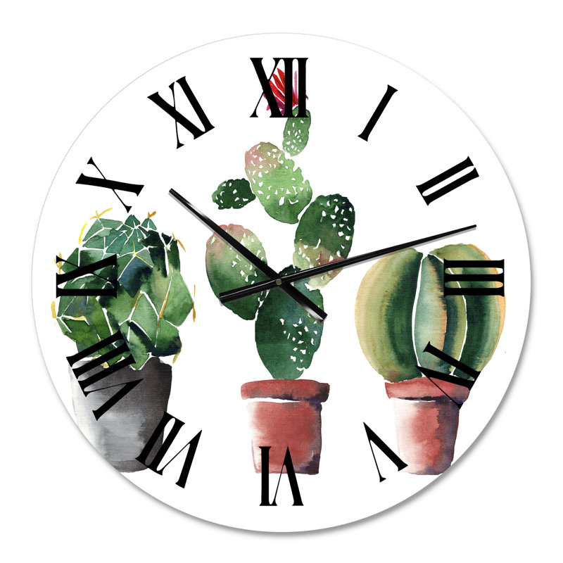 Trois cactus dans des pots en argile - horloge murale traditionnelle, Moyen