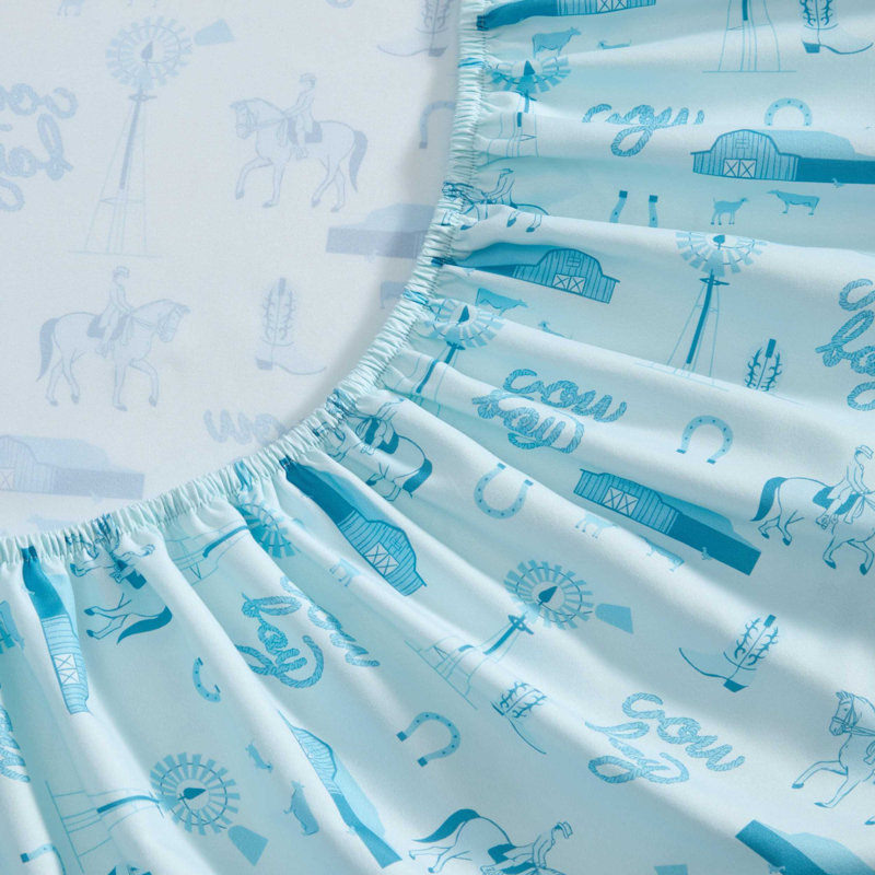 Ensemble de draps Wrangler, Ensemble de draps pour lit simple avec 1 taie d'or, Ferme équestre bleue