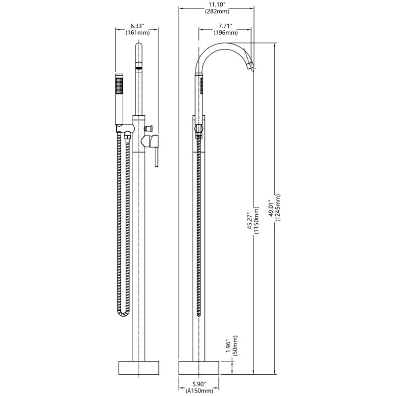 Fixation au sol pour robinet de baignoire - Céramique noire matte, métal de qualité, douche à main, bec pivotant à 360 degrés, finition brossée fixée au luminaire de salle de bain, matériaux, jet, poignée rotative simple