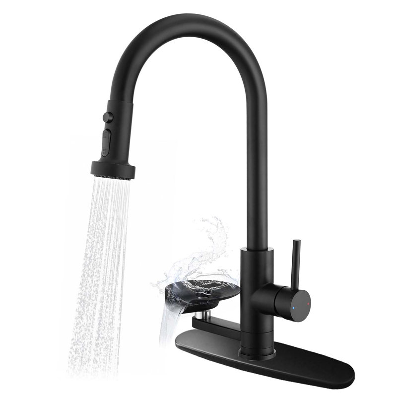 Robinet de cuisine 3 en 1 noir mat avec pulvérisateur rétractable, rinçage à pression, 3 modes de jet et bec à grand arc