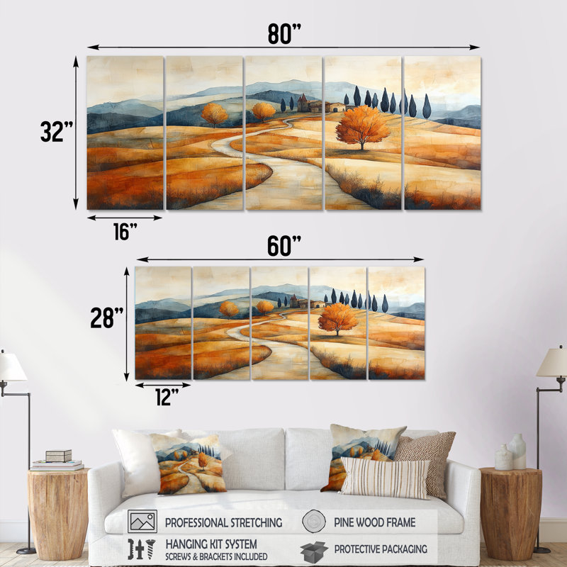 «Orange and Blue Farm Landscape Earthy Elegance», ensemble de reproductions d'art mural, H 32 po x l 80 po
