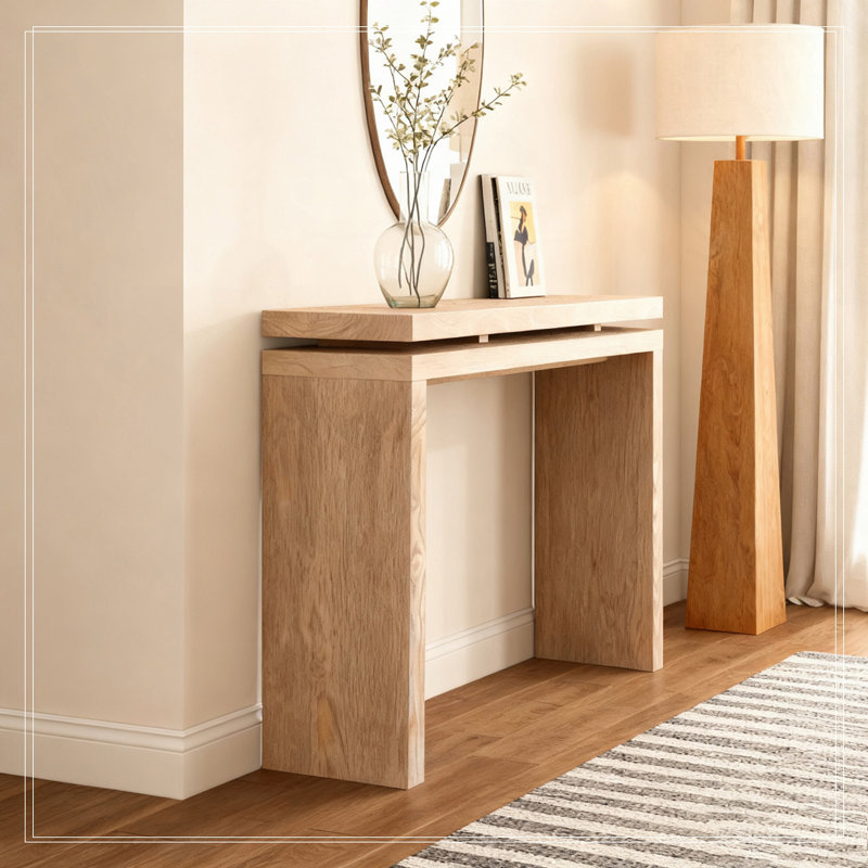 60''Console Table with Double Board Suspension Design, Solid Wood & MDF, White Washed